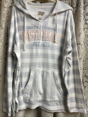 Men’s White & Light Gray Striped Crewneck Hoodie NWT XLG Blue 84